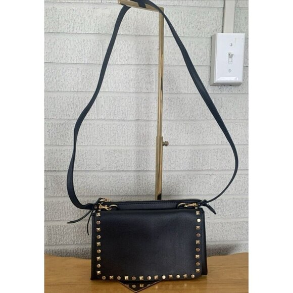 Mark & Hall Fold Over Black Faux Leather Crossbody Flap Bag Gold Rock Stud EUC - Picture 1 of 15
